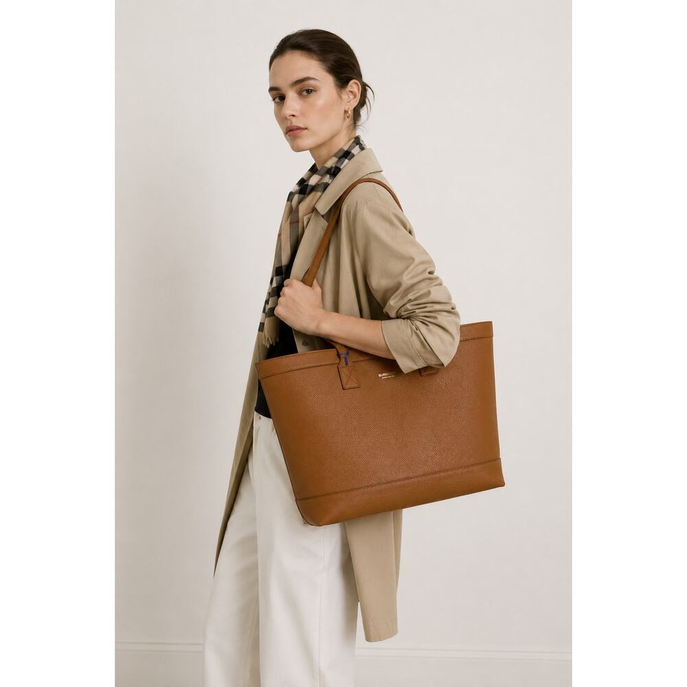 Burberry Brown Pebbled Leather tote bag with check print new